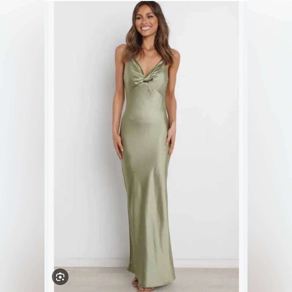 Petal and Pop Olive Green Satin Maxi Dress